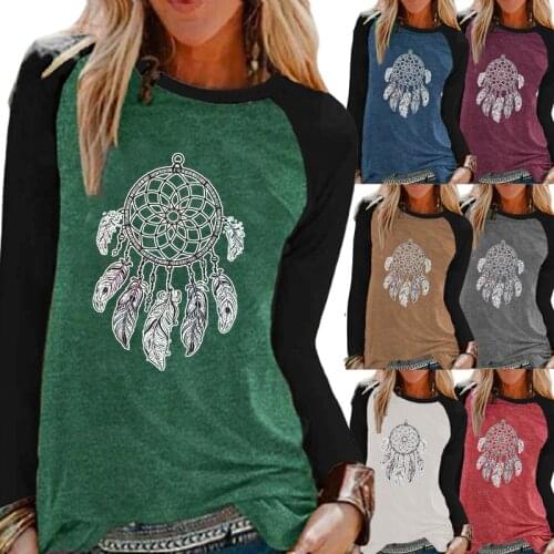Autumn Fashion Ladies Casual Long Sleeve Top Dreamcacther Print Round Neck Loose T-shirt Pullover Sweatshirt T-shirt Plus Size