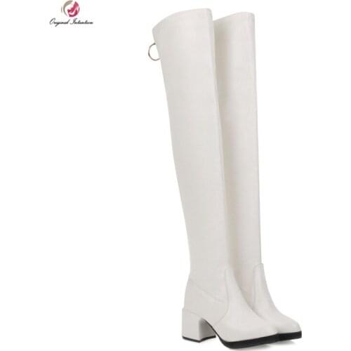 Original Intention Elegant Over the Knee High Boots Woman Pointed Toe Large Square Heels Ring Zip Black Boots Sewing Plus Size