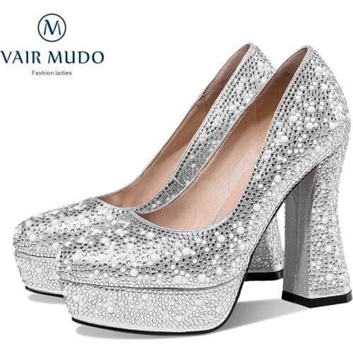 VAIR MUDO Super High Heel Rhinestone Wedding Shoes Fashion Spring Summer Autumn Wedding Waterproof Platform 3CM Silver Red 8836