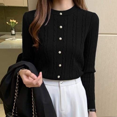 Sweater for Women 2021 Autumn and Winter Slim Casual Solid Vintage Black Pullover Sweater Button Elegant Fashion Female Top 1075