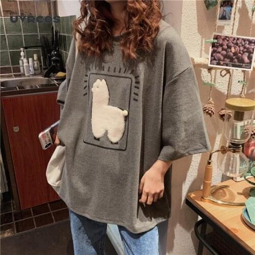 UVRCOS Cartoon Alpaca Animal Printed Casual Loose Oversize Korean Style Summer Short Sleeve Women Top Female T-shirts