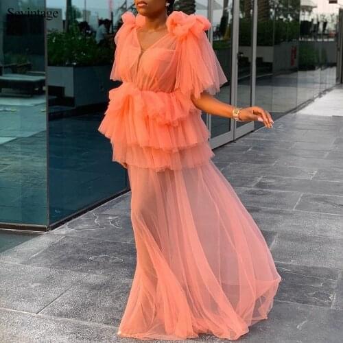 Sevintage Sexy Illusion Tulle Evening Dresses 3 Layers Open Back Long Prom Dress V-Neck Floor Length Formal Women Gowns 2020