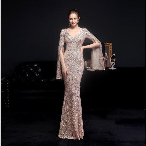 New V Neck Sexy Sequin Long Sleeve Evening Dress Party Dress Robe De Soiree Vestidos De Fiesta De Noche Evening Gowns for Women