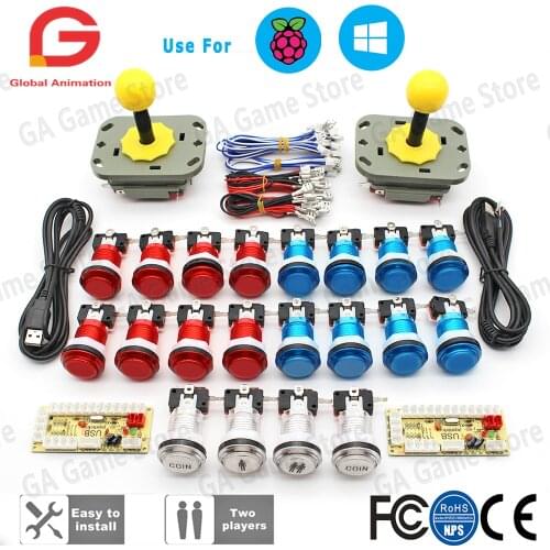 2 Player DIY Arcade with 5V LED Kit Transparent Coin Buttons Sanwa Joystick New USB Encoder Cable For PC Raspberry Pi Game