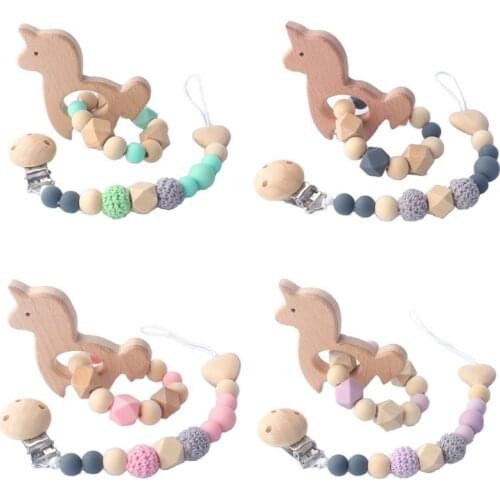 2Pcs/set Wood Baby Teeth Chew Toys Silicone Nipple Chain Teething Bracelet Crochet Beads Pacifier Clips Toddlers Chewable Toy