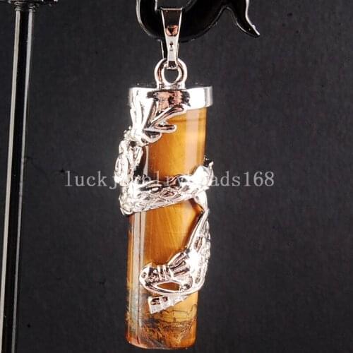 Free Shipping Women Fashion Jewelry 12x41mm Beautiful Tigers Eye Dragon Cylinder Pendant Bead C3856