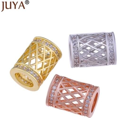 Handmade Micro Pave CZ Rhinestone Hollow Big Hole Tube Beads For Jewelry Making DIY Beaded Bracelet Copper Beads Accessories