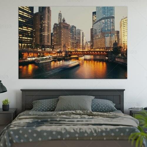 Chicago Illinois Downtown DuSable Bridge Twilight Sunset Landscape Photo Cool Wall Decor Art Print Poster canvas painting frame