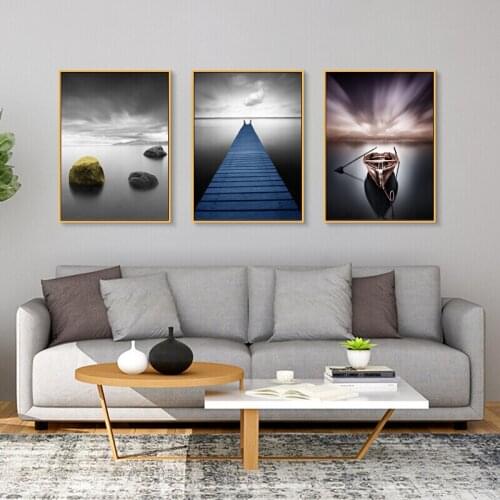 Beautiful Landscape Lake Bridge and Boat Canvas Painting Wall Art Nordic Posters and Prints Wall Pictures for Living Room Decor