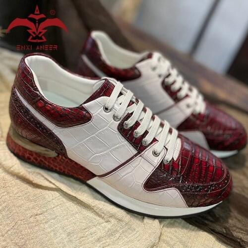 Patina Red & White Cro Crocodile Leather Men Lady Sneakers Custom Handmade Sneaker Shoes 6.5 7 7.5 8 8.5 9 9.5 Designer Shoes