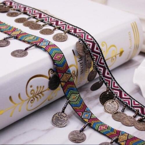 20yards/lot Retro Copper Jacquard Lace Trim Ribbon Handmade Beaded Lace DIY National Costume Tassel Sewing Accessories