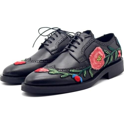 High top formal shoes for men lace up brogue shoes genuine leather embroider black wedding men shoes