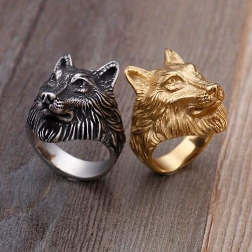 Punk Vintage Animal Wolf Head Ring Hip Hop Casting Gold Stainless Steel Ring Mens Rings Wedding Jewelry