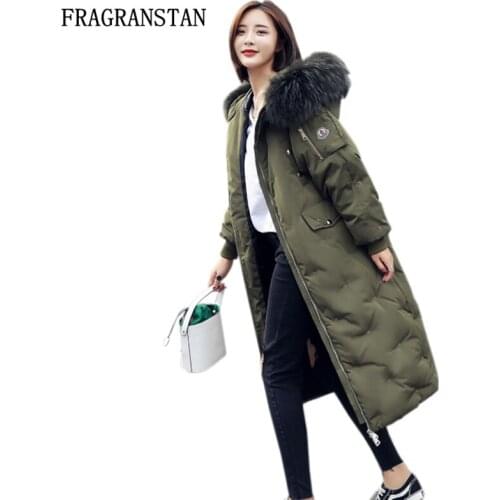 2018 New Fashion Women Winter Real Fur Collar Thicken Warm Long Down Jacket Solid Color Waterproof Hoodies Female Vestidos LY110