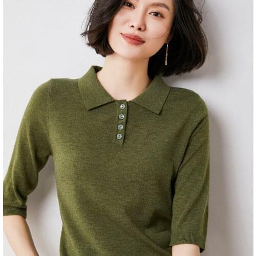 Summer new style 100% wool polo shirt short-sleeved womens knitted sweater loose solid color casual lapel half-sleeved T-shirt