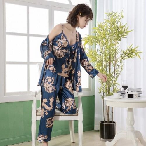 JULYS SONG 3 PCS Faux Silk Pajamas Sets Floral Printed Soft Sleepwear Elegant Sexy Sling Pants Homewear Female Pyjamas
