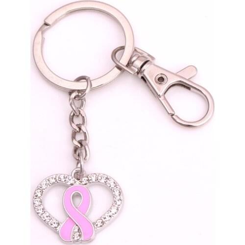 Drop shipping Breast Cancer Awareness zinc alloy Pink Enamel Ribbon Bow Crystal Heart pendant Key Chain
