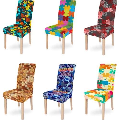 Colorful Puzzle Elastic Chair Cover Spandex Desk Seat 1PC Slipcovers Protector For Dining Room Kitchen Wedding Banquet