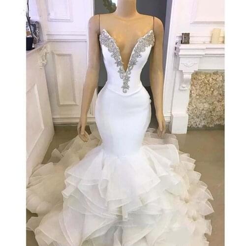 Sexy Arabic Mermaid Wedding Dresses Deep V Neck Crystal Beaded Organza Tiered Ruffles Chapel Train Formal custom made Bridal