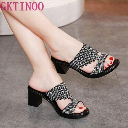 GKTINOO Sexy Women Shoes Summer Peep Toe Slides Party Evening Chunky High Heels Slipper Crystal Ladies Slides Big Size 41 42