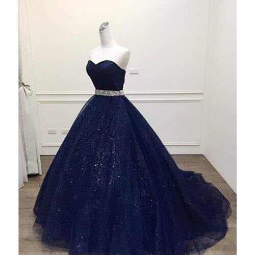 Gorgeous Dark Navy Evening Dresses Long Prom Dress Shining Sequins Strapless Lace-up Back Beaded Waist Evening Gowns