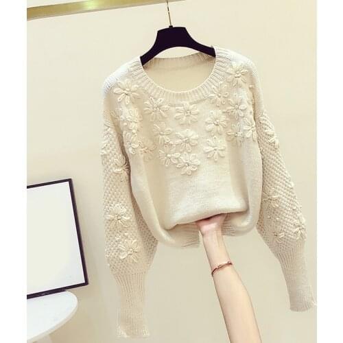 Flower Embroidery Knitted Women Sweater Pullovers Winter New 2021 Lantern Sleeved Solid Loose Female Pulls Outwear Coats Tops