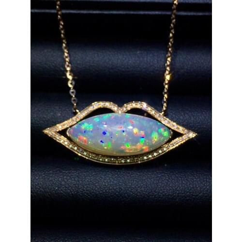Fine Jewelry Pure 18 K Gold Natural Opal 6.9ct Diamonds Gemstone Female Pendant Necklaces Christmas Gift