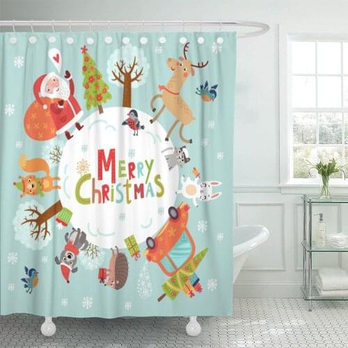 Beautiful Christmas New Year Santa and Cute Characters Bird Shower Curtains Waterproof Polyester Fabric 60 x 72 inches with Hook