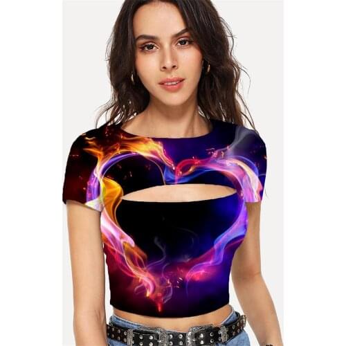 Somepet Love T-shirt Women Colorful Hollow Out T shirts Flame Navel Bare Couples Shirt Print Short Sleeve Punk Rock Printed