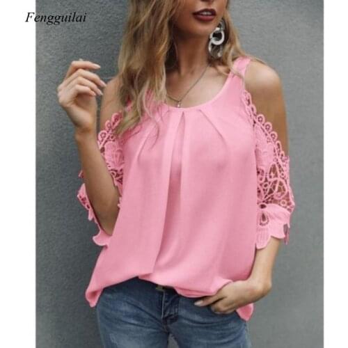 2021 New Fashion Lace Hollow Out Sexy Spring Summer Womens Casual Shirt Short Sleeves Shirt Office Waer