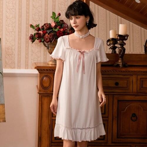 Women Vintage Nightgowns Nighty Cotton Viscose Lace Splice Peignoir Sleepwear White Pink Retro Victorian Night Dress Nightwear