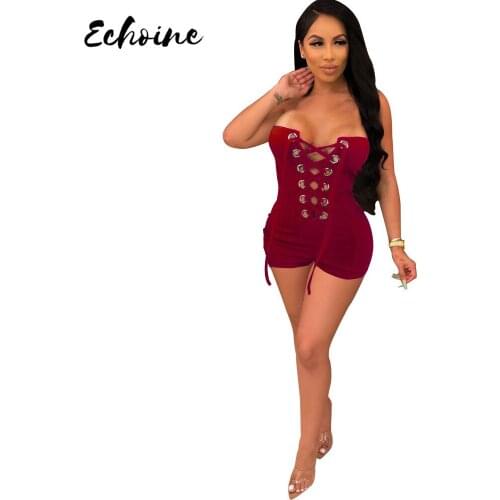 Echoine Women Summer Solid Sexy Tube Top Playsuit Grommet Lace Up Skinny Shorts Night Club Party Outfits Beach Swimsuit