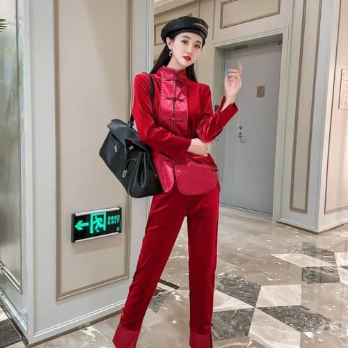 Vintage Chinese style Stand collar Single breasted Gold velvet Women Outfits Casual Long sleeve Long Pant Plus size Sets Female