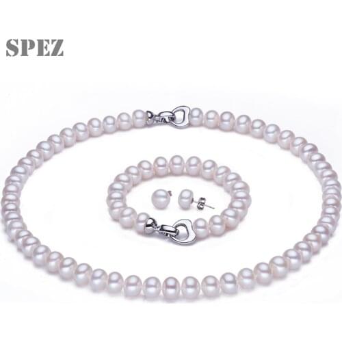 Natural Pearl Jewelry Sets 8-9mm Real Freshwater Pearl Necklaces Bracelet Stud Earrings For Women Fashion Gift SPEZ