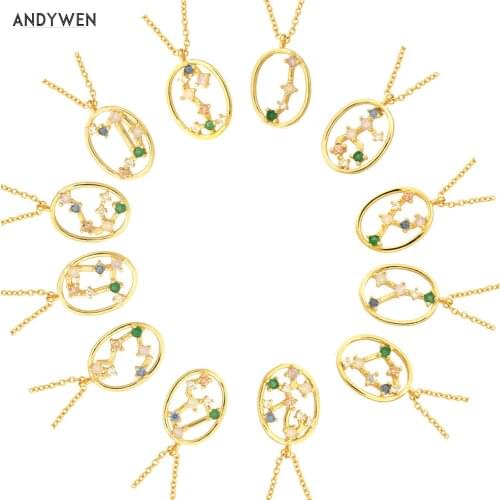 ANDYWEN 100% 925 Sterling Silver Summer 12 Zodiacs Pisces Virgo Pendant Necklace Long Chain Women Rainbow CZ Jewelry Gift