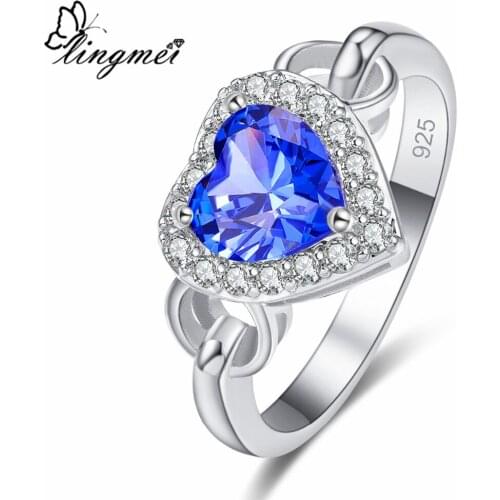 Lingmei Love Wedding Heart rings for Women Blue & Green Zircon Silver ColorRing Size 6-9 Anniversary Party Birthstone