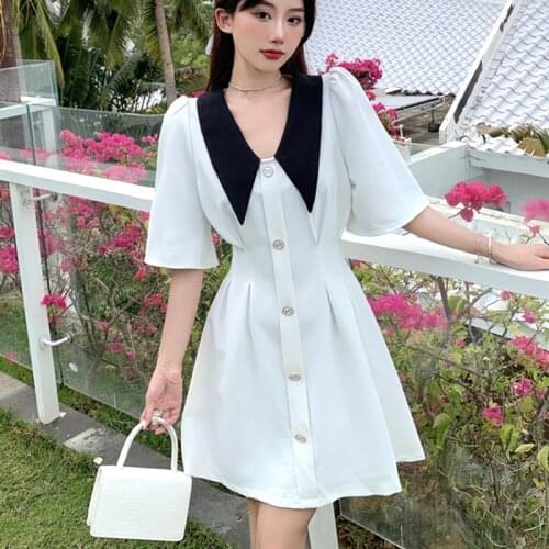 Sweet Loose White Women Dress Summer Robes High Waist Slim Mini Dress Party Korean Elegant Peter Pan Collar Casual Dresses 15855