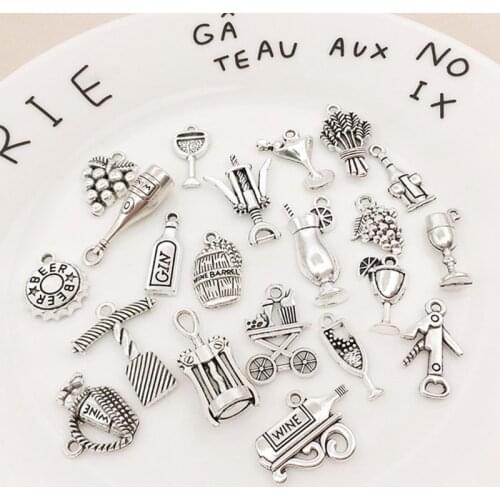 63Pcs Mixed Antique Silver Wine Glass Grape Cocktail Bottle Opener Charms Pendants DIY Jewelry Making Necklace Crafts