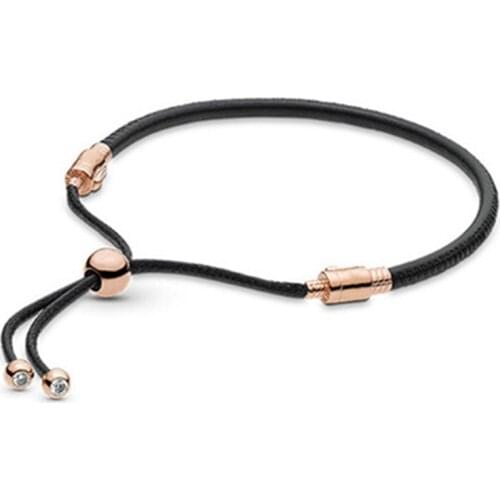 BaoFu 925 Sterling Silver Bracelet Exquisite Black Retractable Leather Strap Adjustable Bracelet Women Gift Exquisite Jewelry