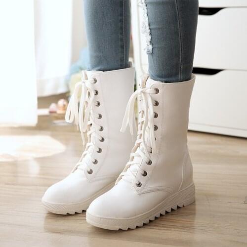 YMECHIC 2018 White Lace Up Winter Snow Boots Women Plush College Casual Ladies Motorcycle Military Combat Boots Plus Size Shoes