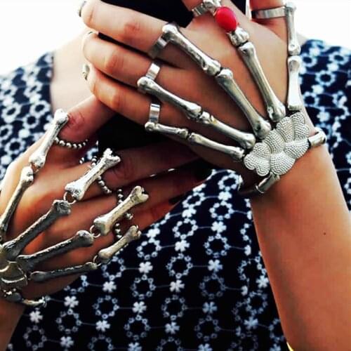 Red Stone Bracelet Finger Punk Chain Harnes Metal Skeleton Hand Charm Steampunk Vintage Jewelry Women Lady Halloween Accessories