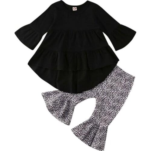 Newborn Infant Kids Baby Girl Black Long Sleeve DressTops T-Shirt +Leopard Long Pants Outfits Clothes Size 1-5Y