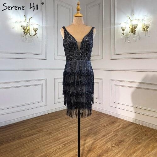 Champagne Sexy Mini V-Neck Short Dresses Tassel Beading Party Cocktail Dresses Serene HiLL BLA70124
