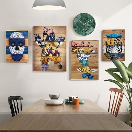Wood Collage Giraffe Skull Tiger Art Canvas Print Painting Living Room Abstract Animal Wall Picture Home Decoration Poster