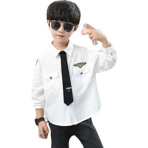 Kids Boys captain cotton shirt new spring / autumn big virgin lapel long-sleeved shirt 4-12 years old