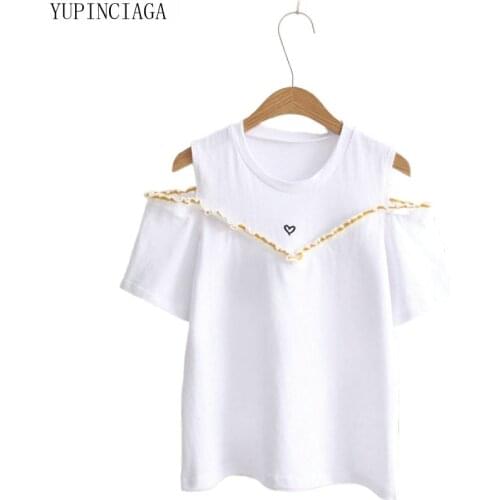 2020 Spring summer new cotton thread side love strapless T shirt women cute fashion loose short sleeve Sweet Tops Tee For Girls