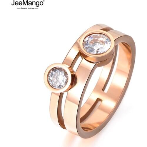 JeeMango Rose Gold Color Round Shape Double Cubic Zirconia Crystal Titanium Steel Engagement Wedding Rings For Women JR17061