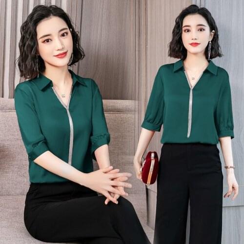 Korean Chiffon Blouse Women Shirts Solid Green V Neck Blouses Tops Plus Size Blusas Mujer De Moda Slim Elegant Office Lady Shirt