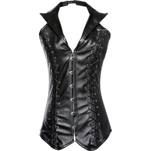 Steampunk Corset Gothic PVC Leather Corset Lace Up Steel Boned Women Sexy Bustier Corset Shaper Lacing Back Halter For Lady
