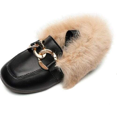 Brand Autumn Winter Girls Shoes Warm Cotton Plush Fluffy Fur Kids Loafers With Metal Chain Boys Flats Children Loafers
